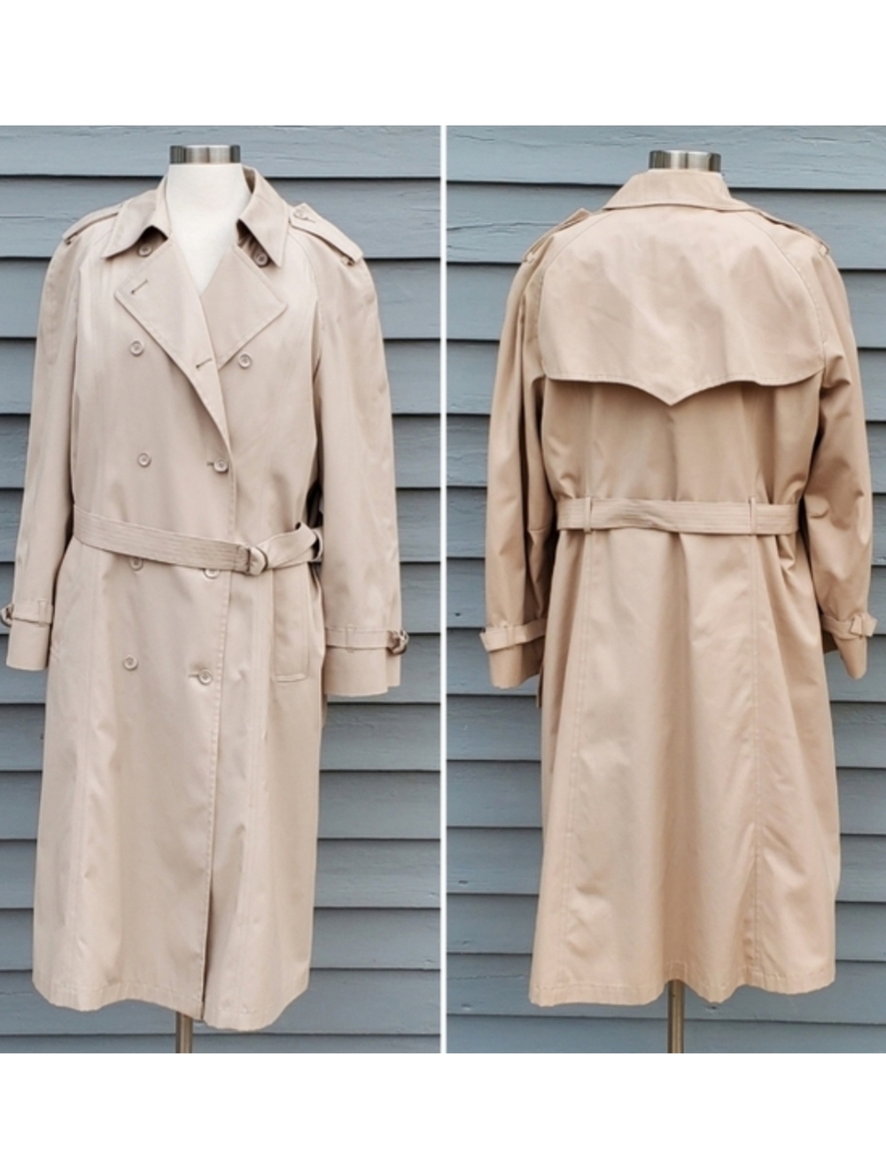 Vintage 80s London Fog Double Breasted Belted Khaki Faux Fur Trench Coat 20